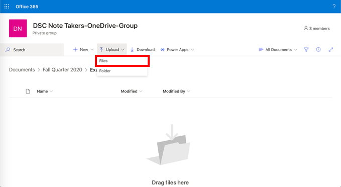 Example SharePoint screen of uploaded notes, with option to Open in Browser selected.