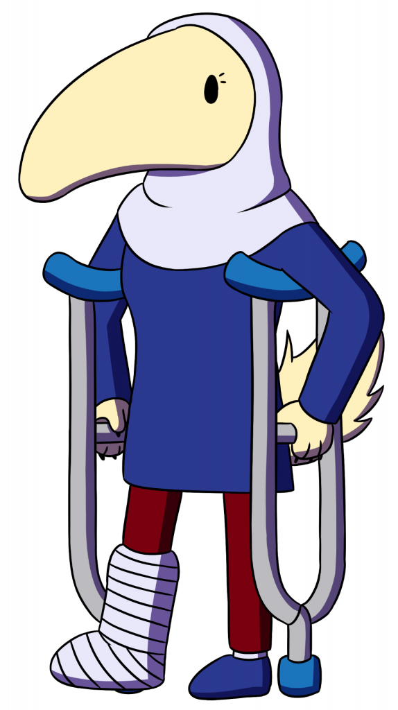 Female Peter the anteater wearing hijab and using crutches.