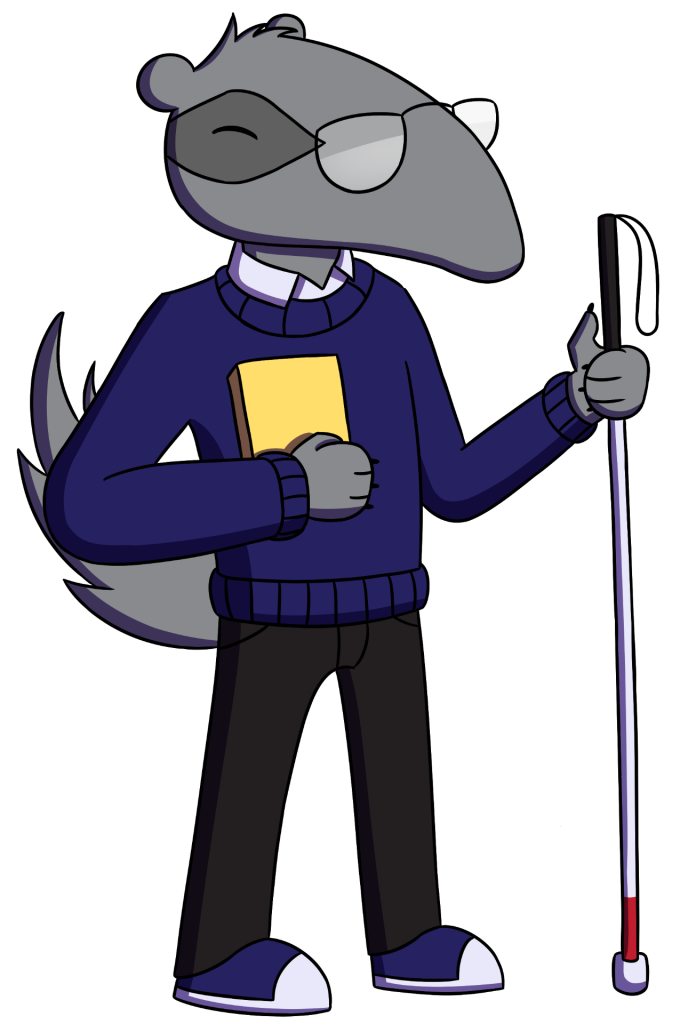 Peter the anteater wearing glasses and holding a white cane.
